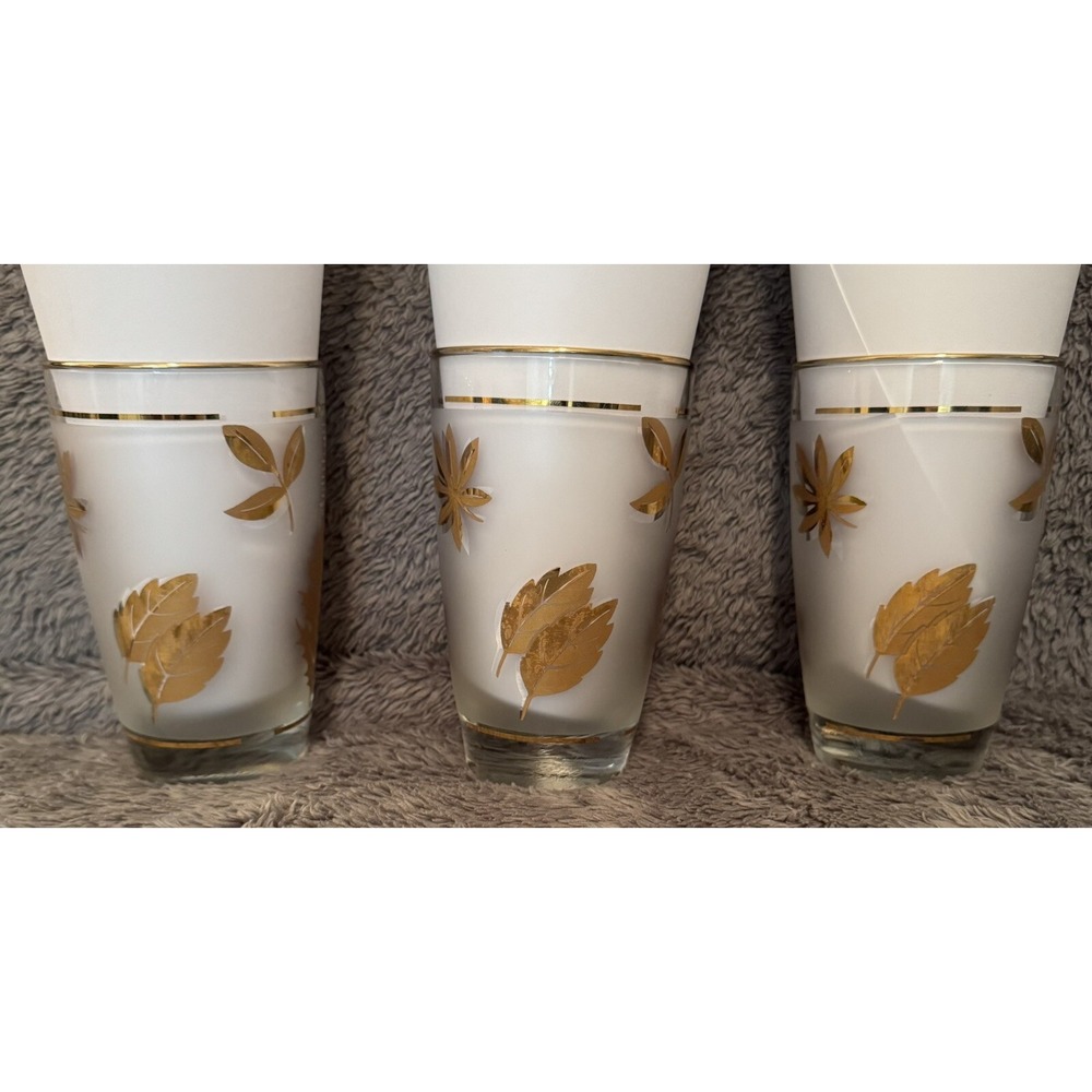 3 Vintage MCM‎ Libbey Frosted Gold Leaf Glasses Drinking